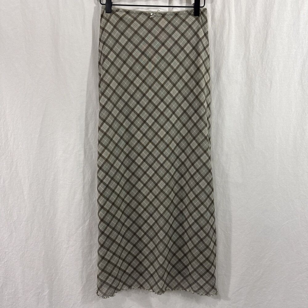 Hippie Rose Green Plaid Academia Preppy Twee Mesh Maxi Skirt Womens Sz M